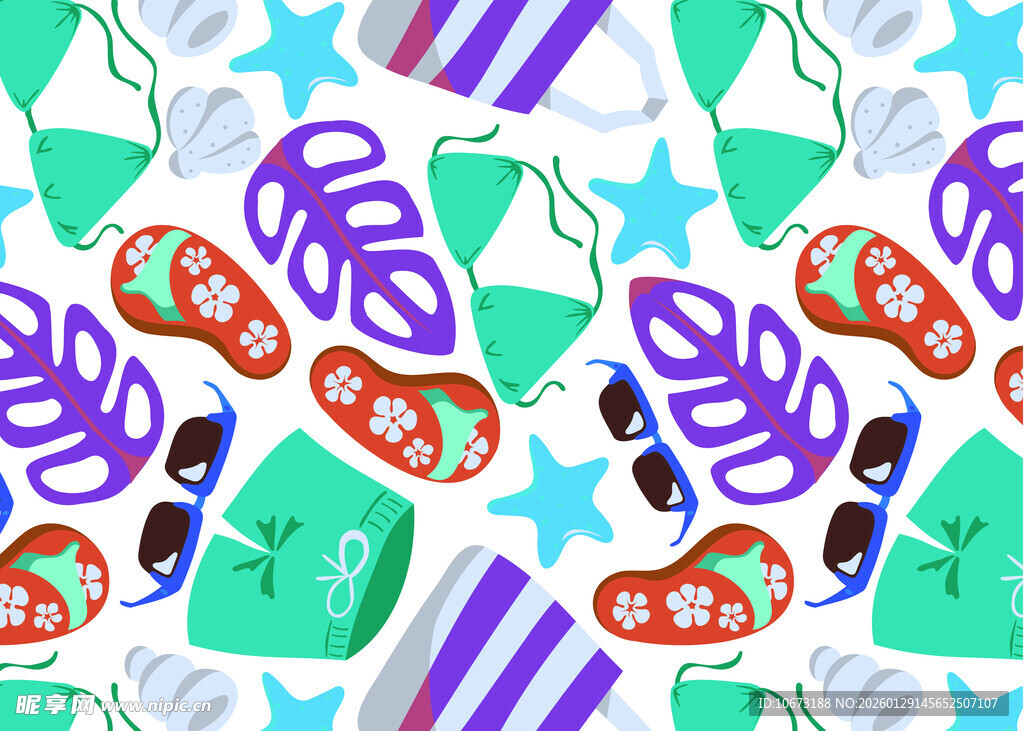 多彩夏日沙滩用品图案