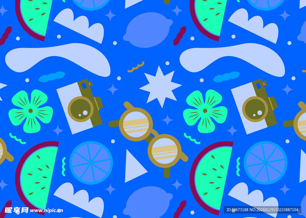 蓝色背景多彩旅行元素图案