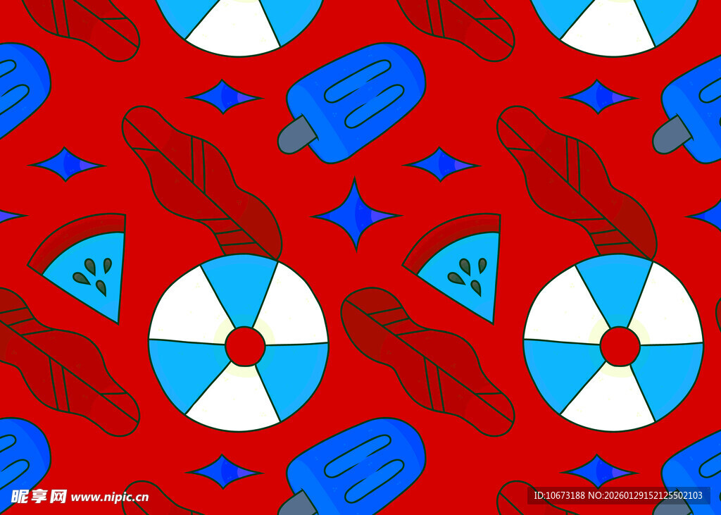 红蓝夏日元素无缝图案