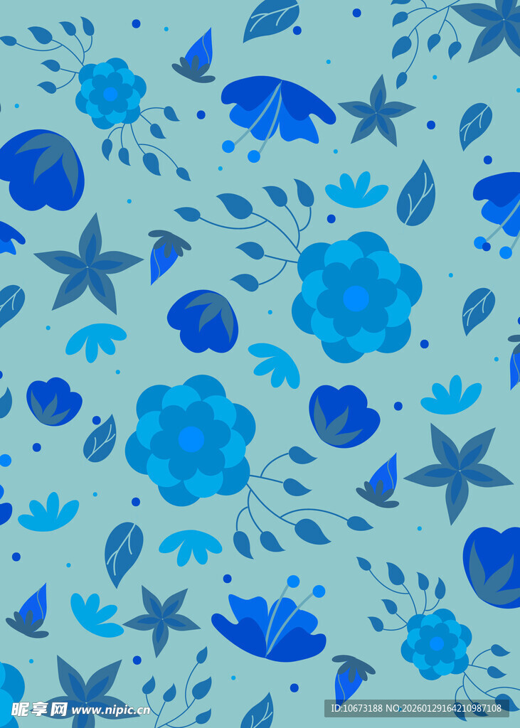 蓝色海洋风花卉海星图案