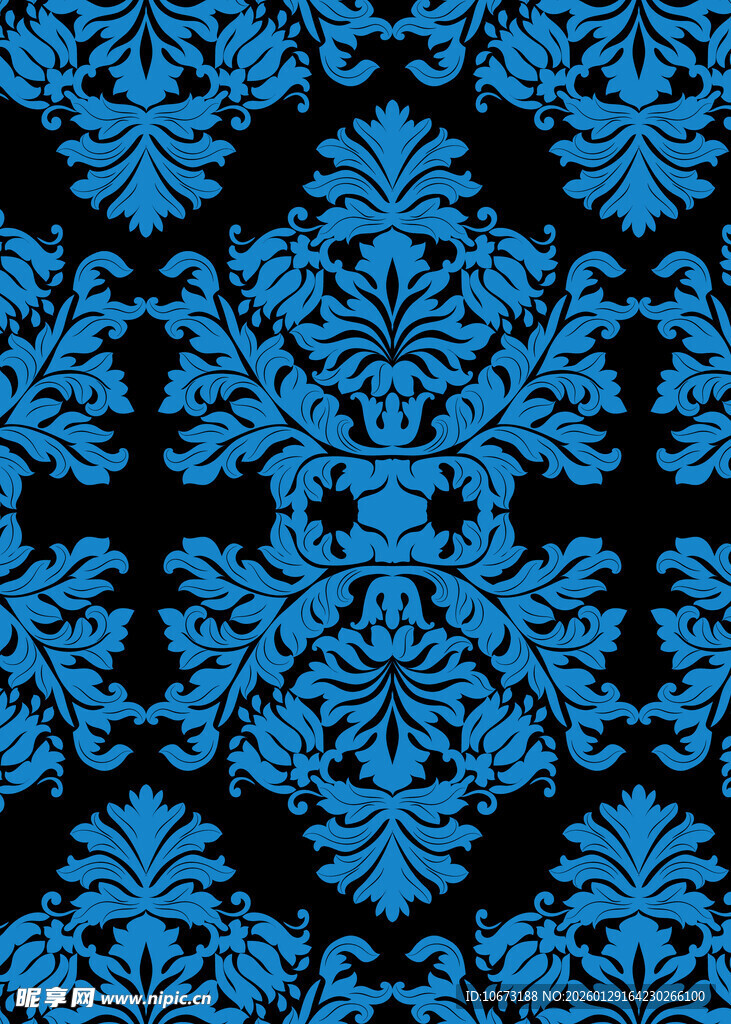 蓝色花卉对称几何图案