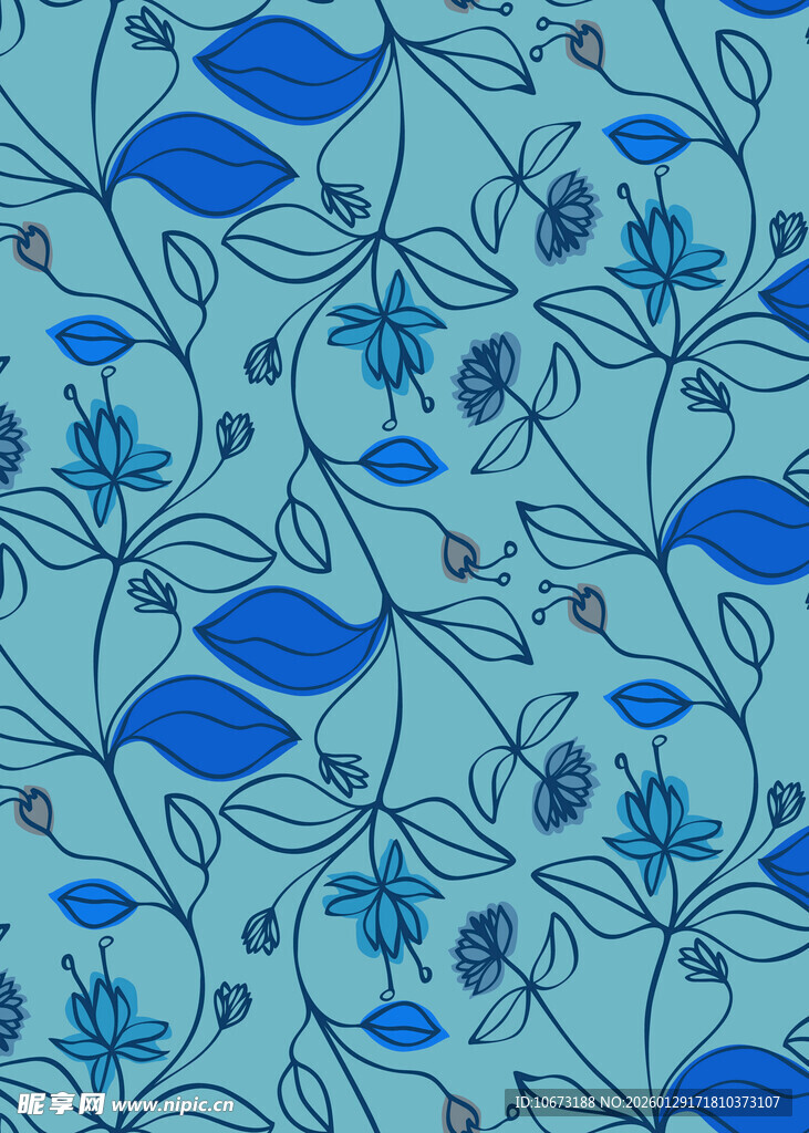 蓝色花卉枝叶图案纹理