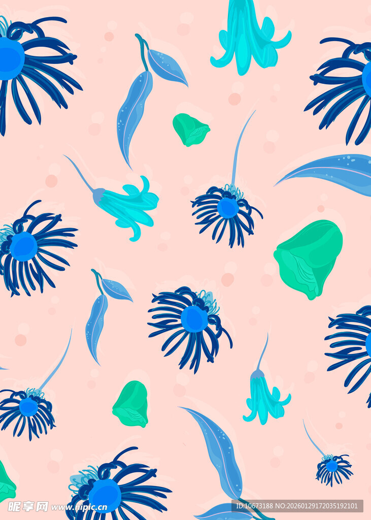 蓝绿植物花卉无缝图案