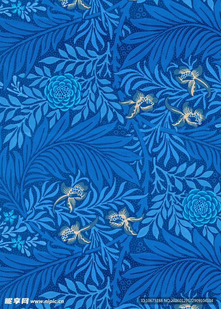 蓝色底金色元素花卉图案