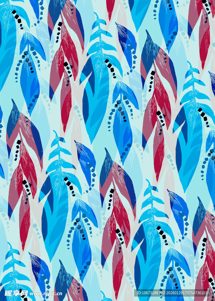 蓝红相间的抽象鱼群图案