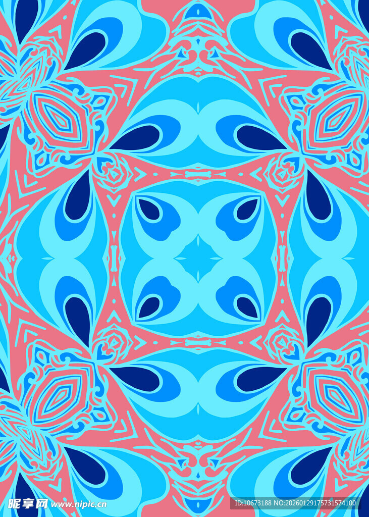 蓝粉几何抽象对称花纹图案