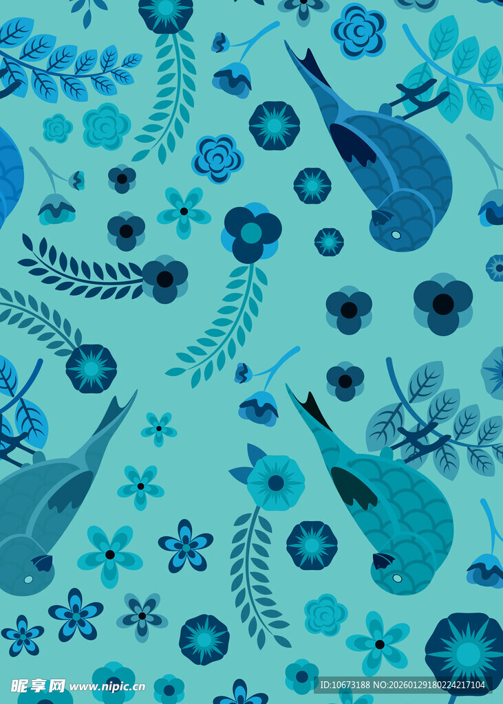 蓝绿色调花鸟植物图案