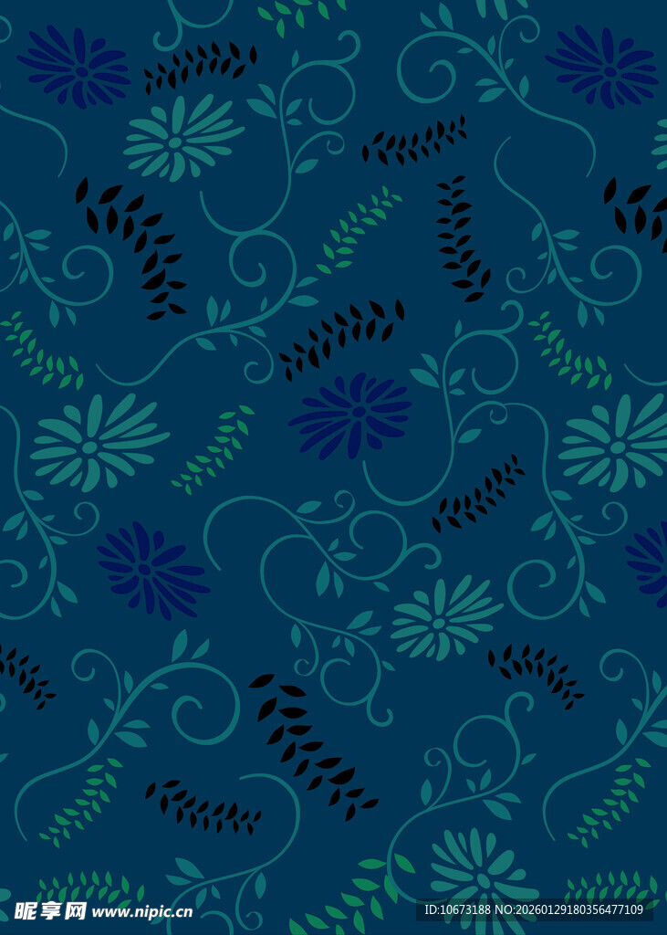 蓝绿色调植物花纹图案