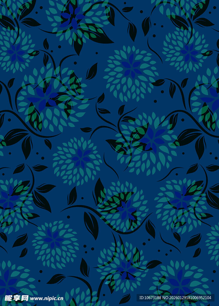 蓝色花卉图案布料纹理