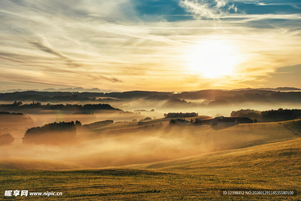 日出时分的田野晨雾美景