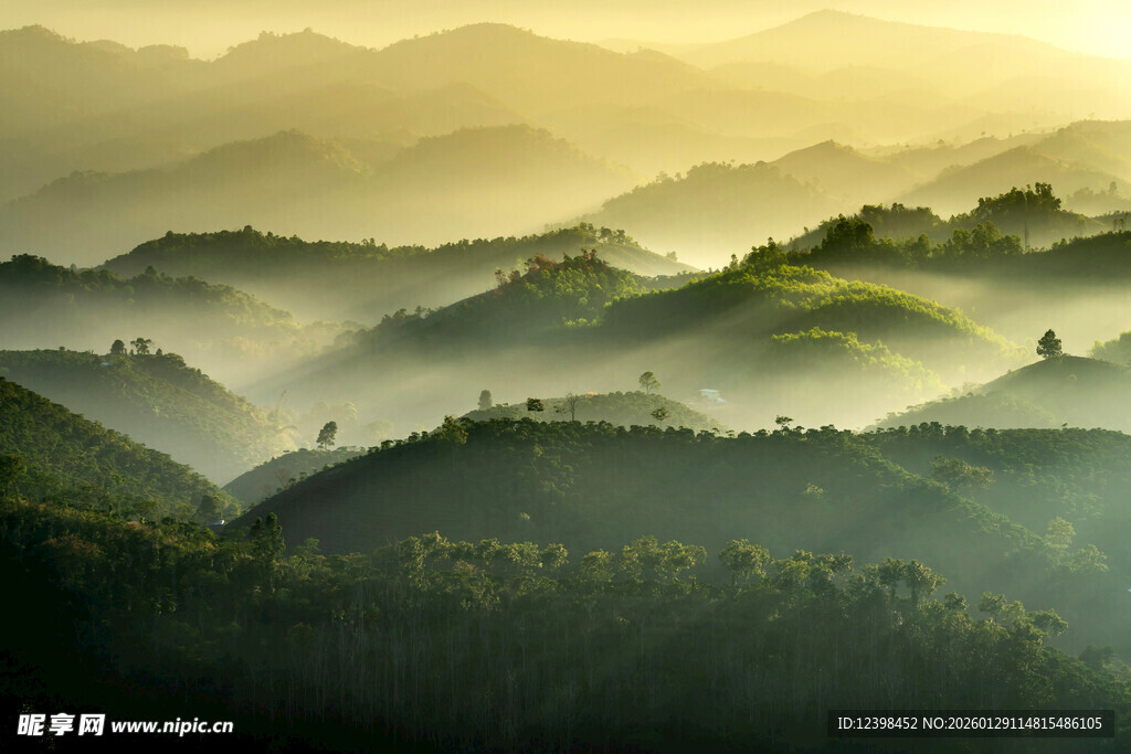 山间晨雾中的壮丽景色