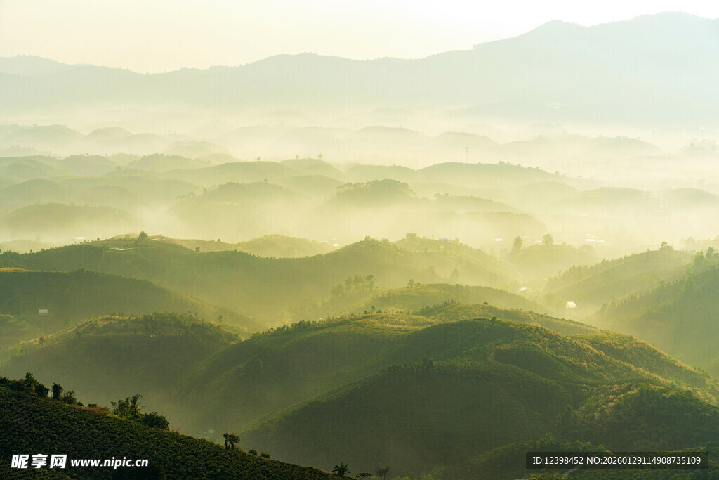 山间晨雾缭绕的壮美景观