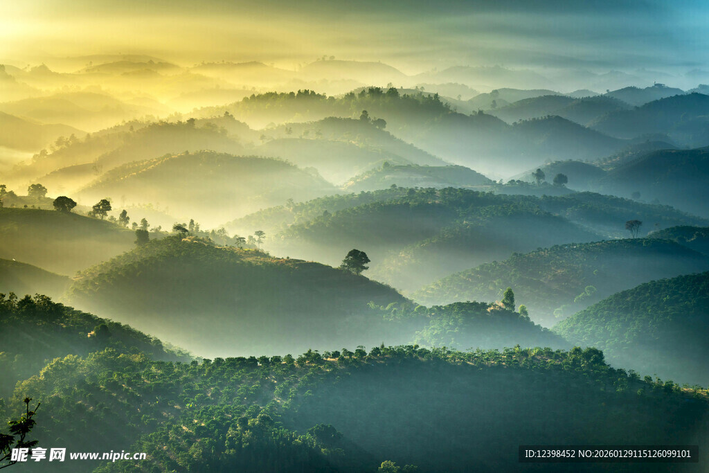 山间晨雾缭绕的壮美景色
