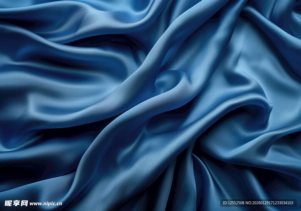 蓝色绸缎布料纹理特写