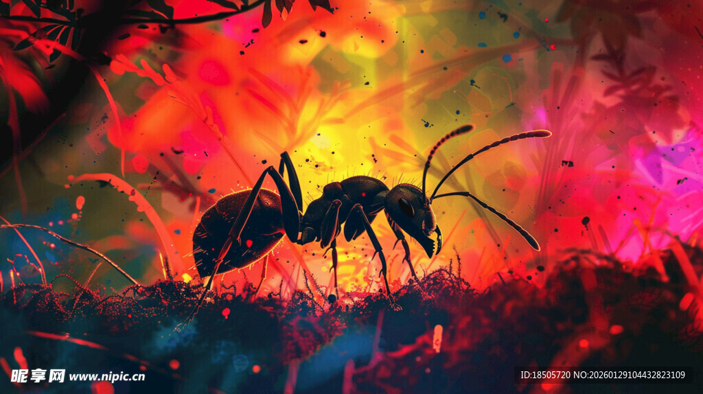 绚丽色彩中的蚂蚁剪影