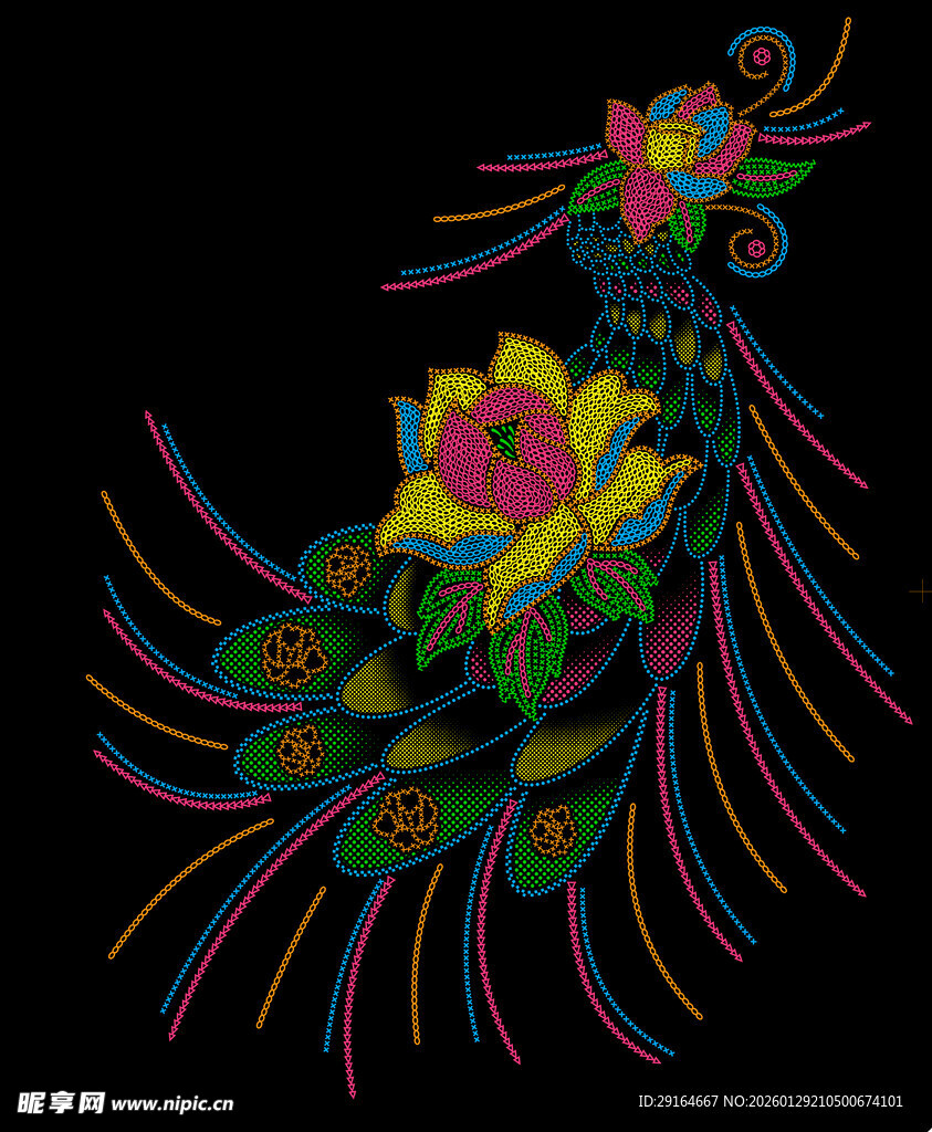 彩色凤凰刺绣图案