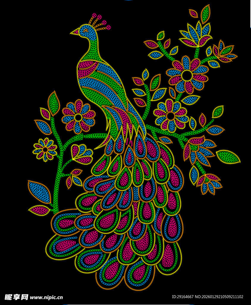 彩色孔雀花卉图案设计