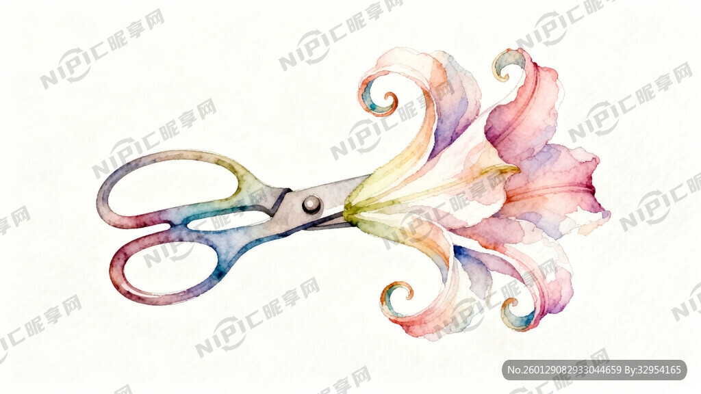 由水彩花变幻成剪刀