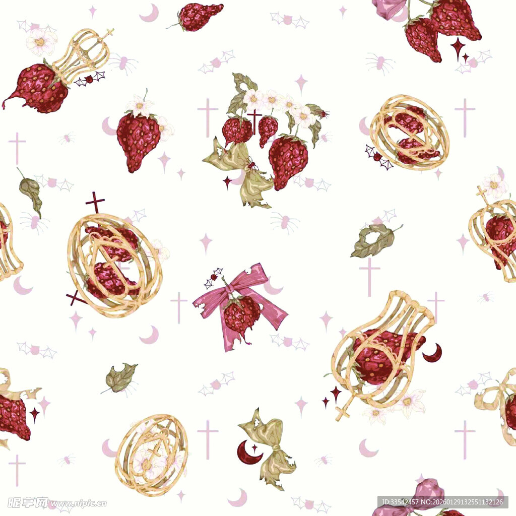 甜美草莓珠宝印花图案