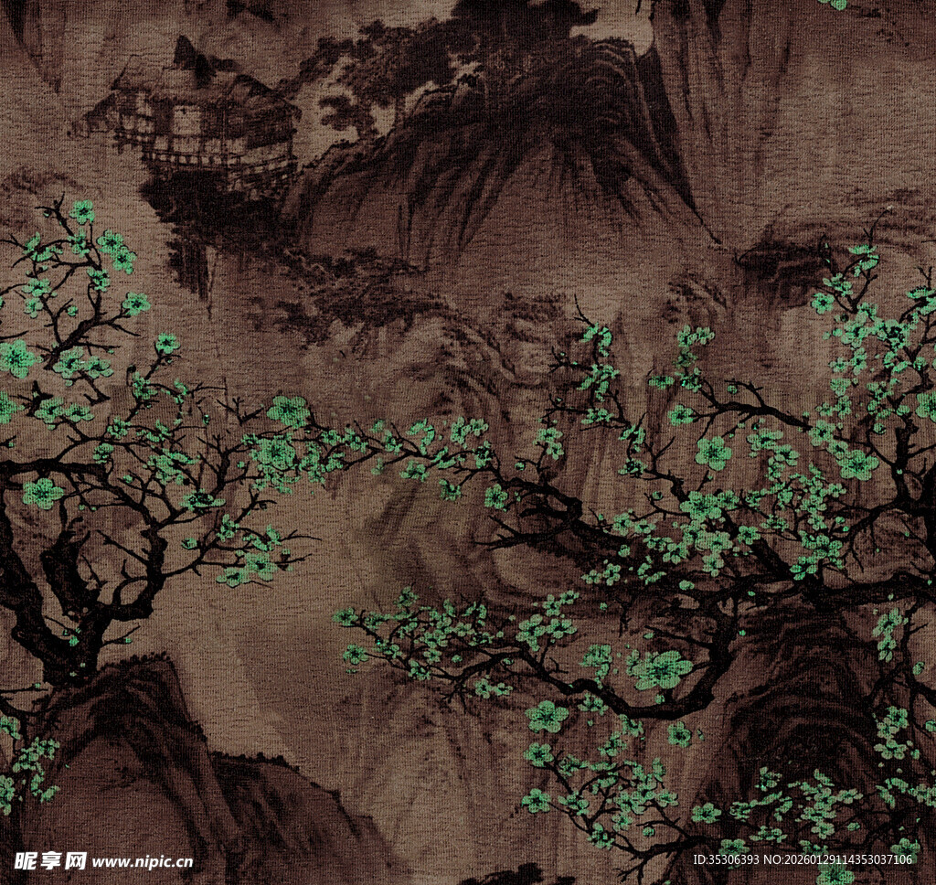 中式山水墨韵花卉图