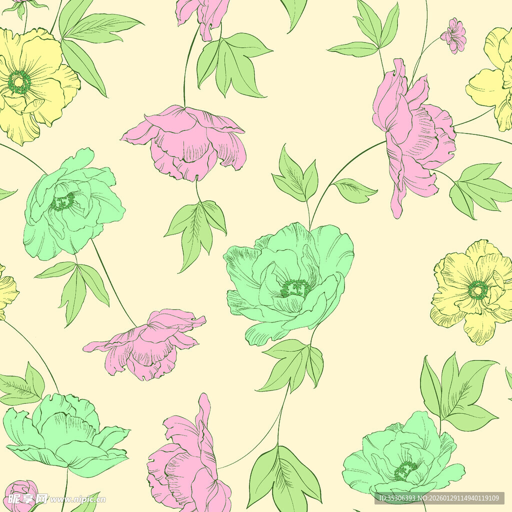 清新花卉无缝图案背景