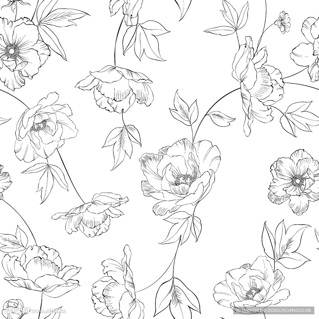花卉线条手绘无缝图案