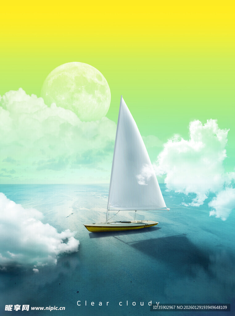 海上帆船伴月梦幻景象