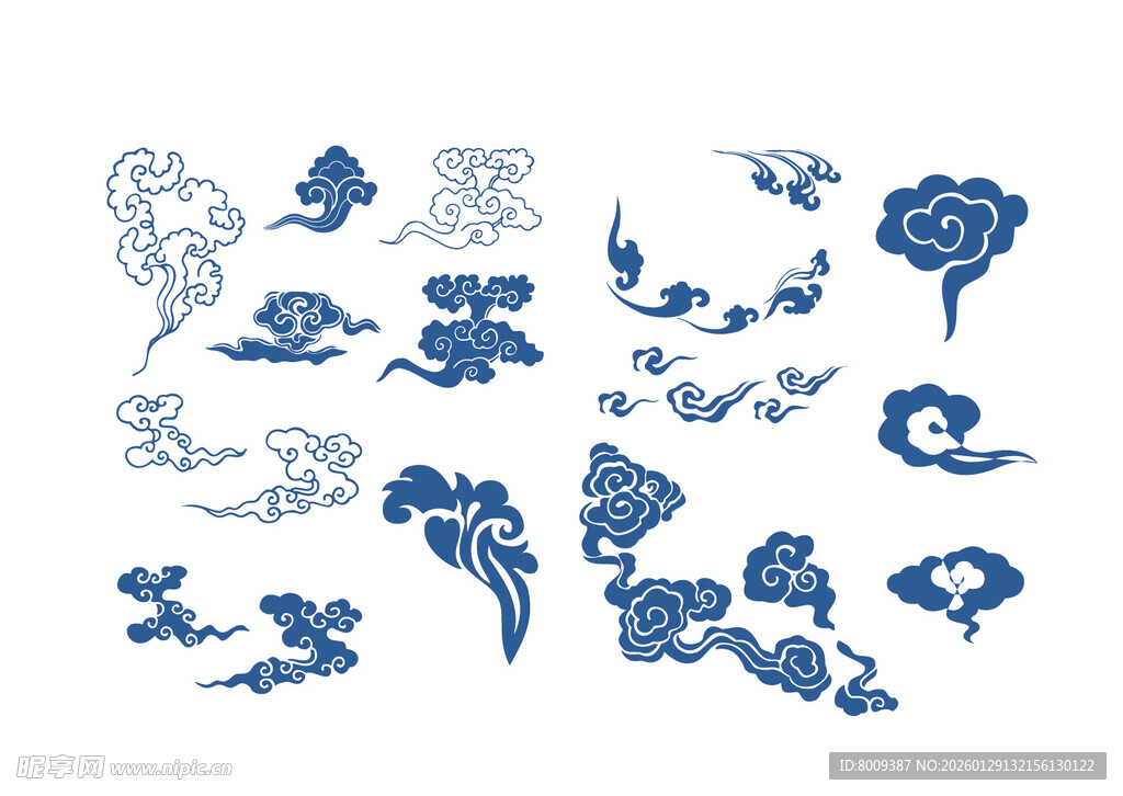 中式蓝白传统花卉云纹图案