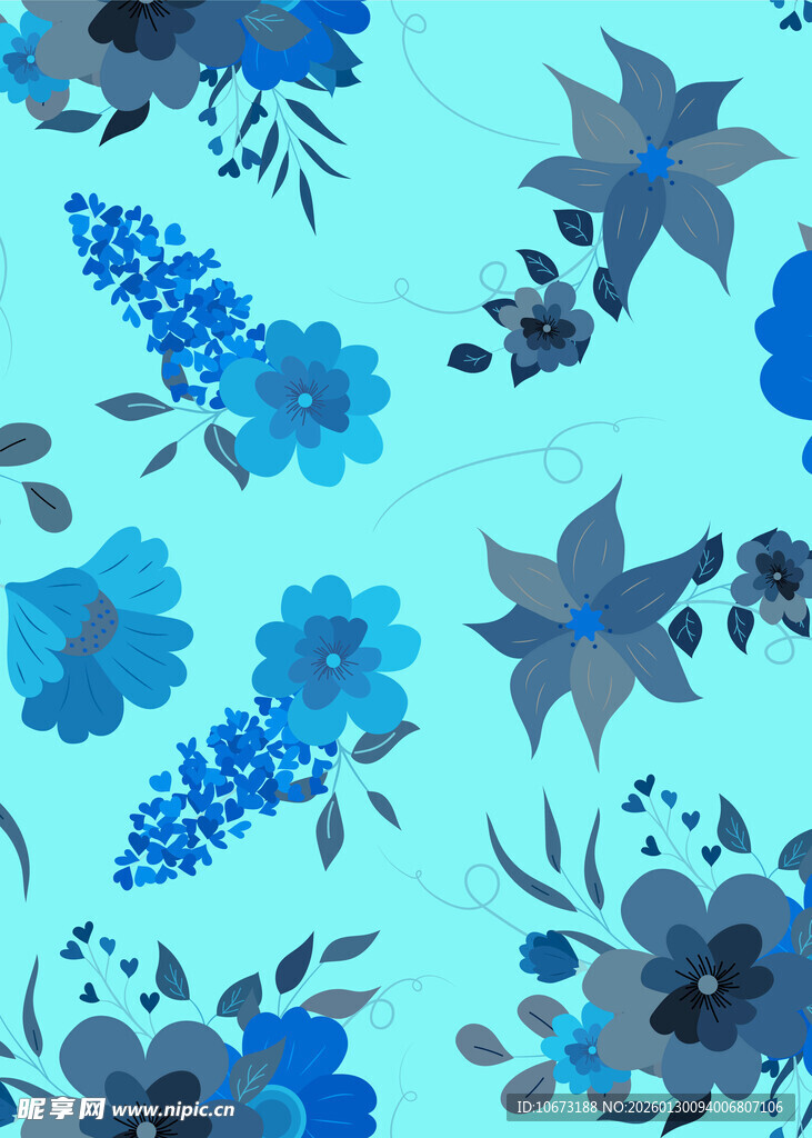 蓝调花卉无缝图案背景