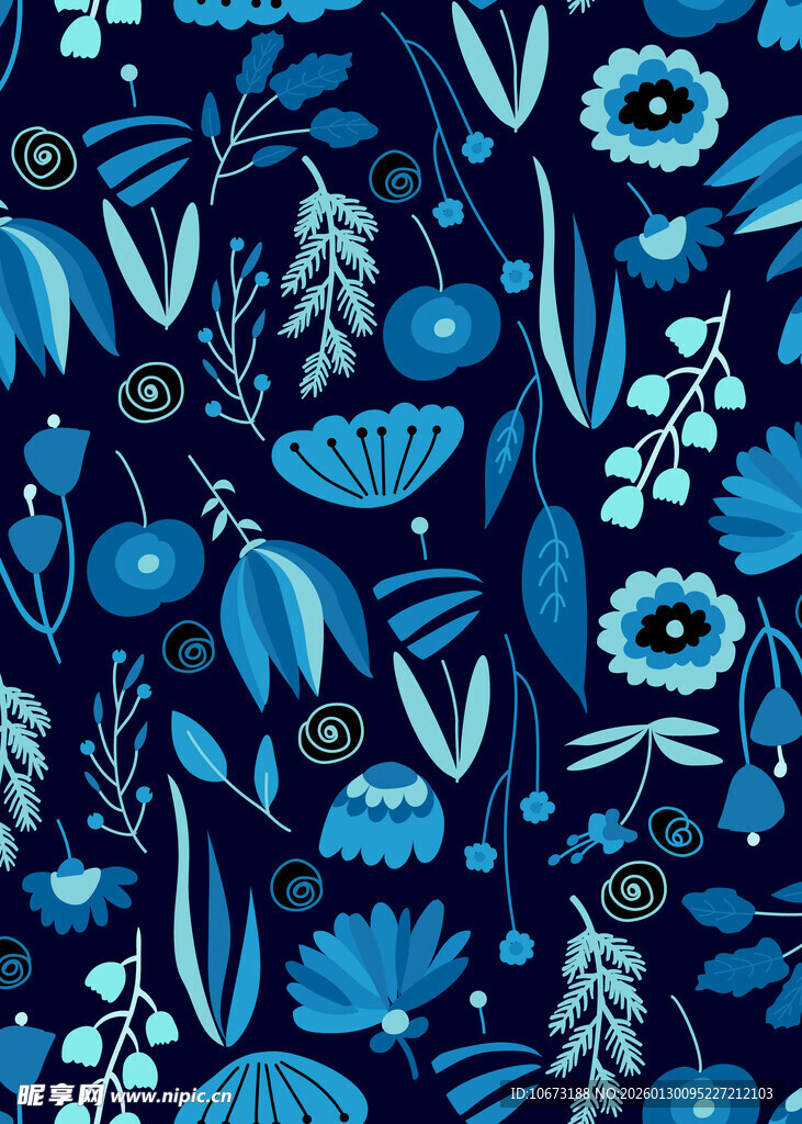 蓝色花卉植物无缝图案