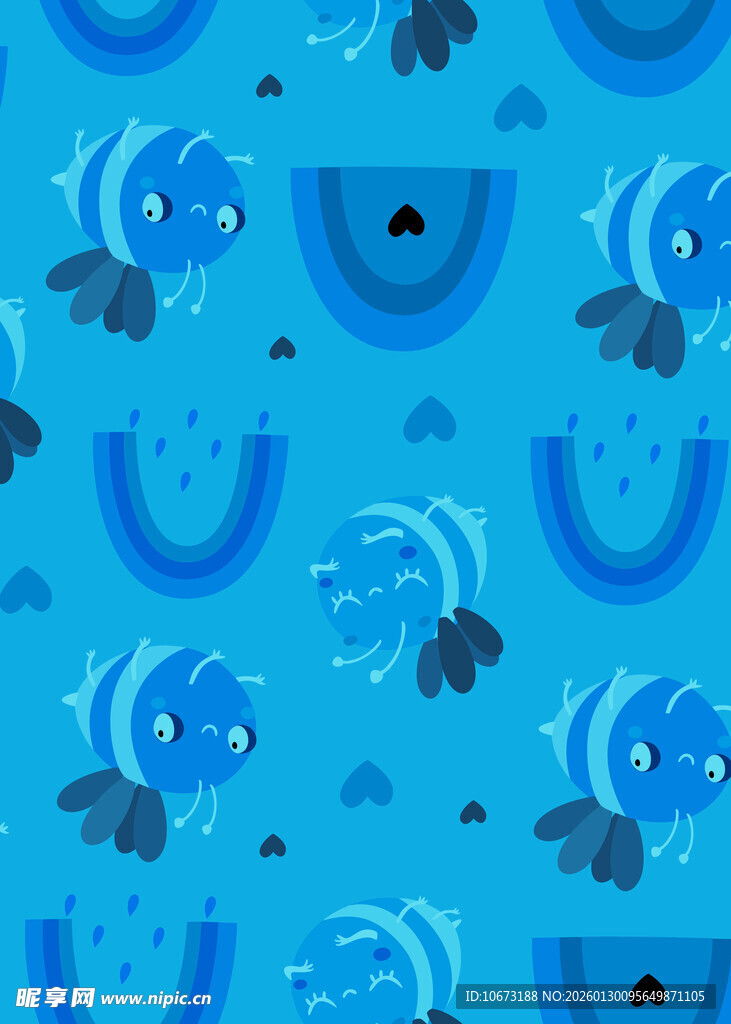 蓝色卡通西瓜鱼图案背景