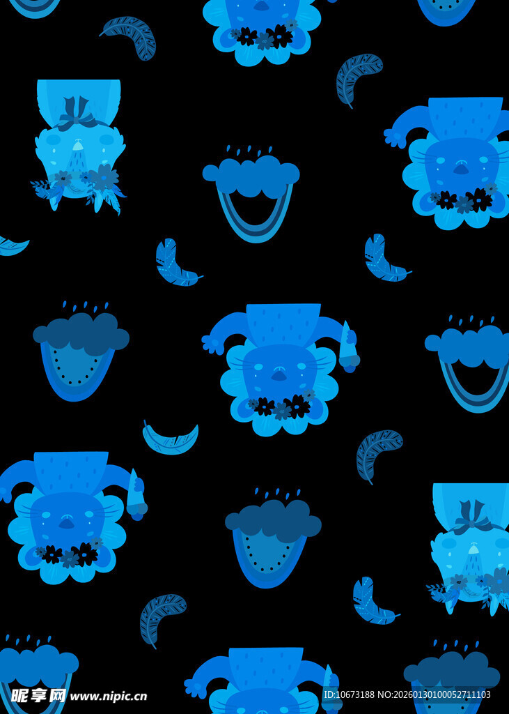 蓝色卡通图案黑色背景布料