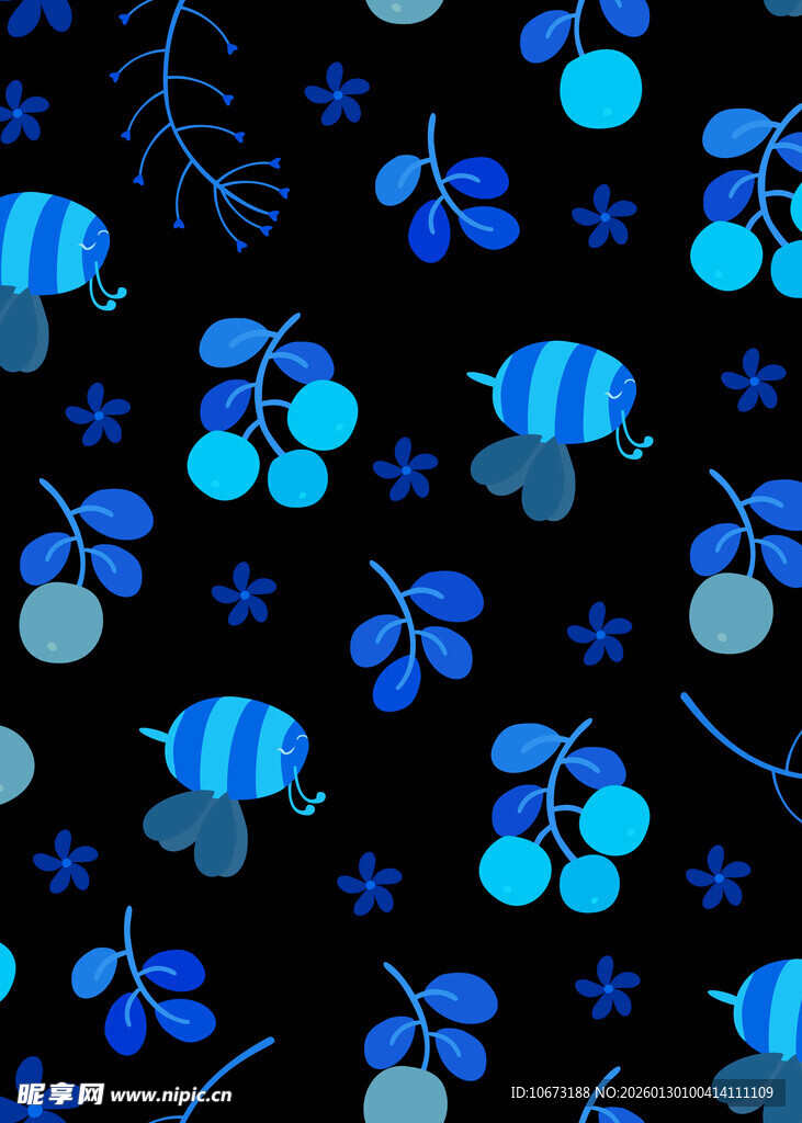 蓝色浆果花卉黑色背景图案