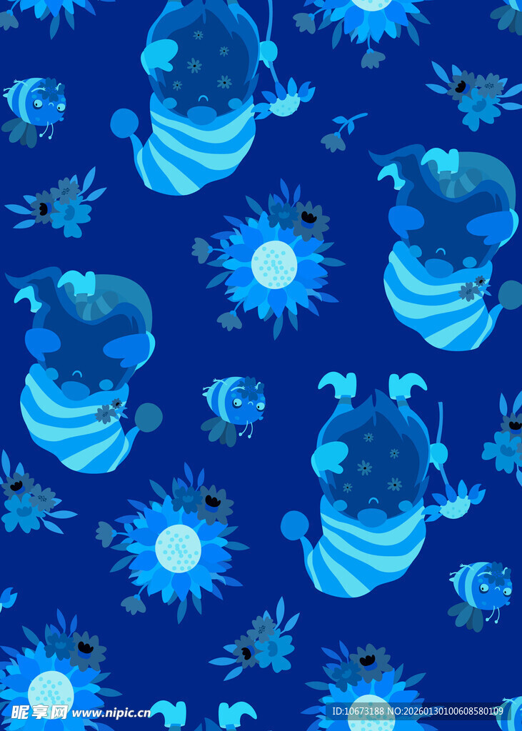 蓝色海洋生物无缝图案