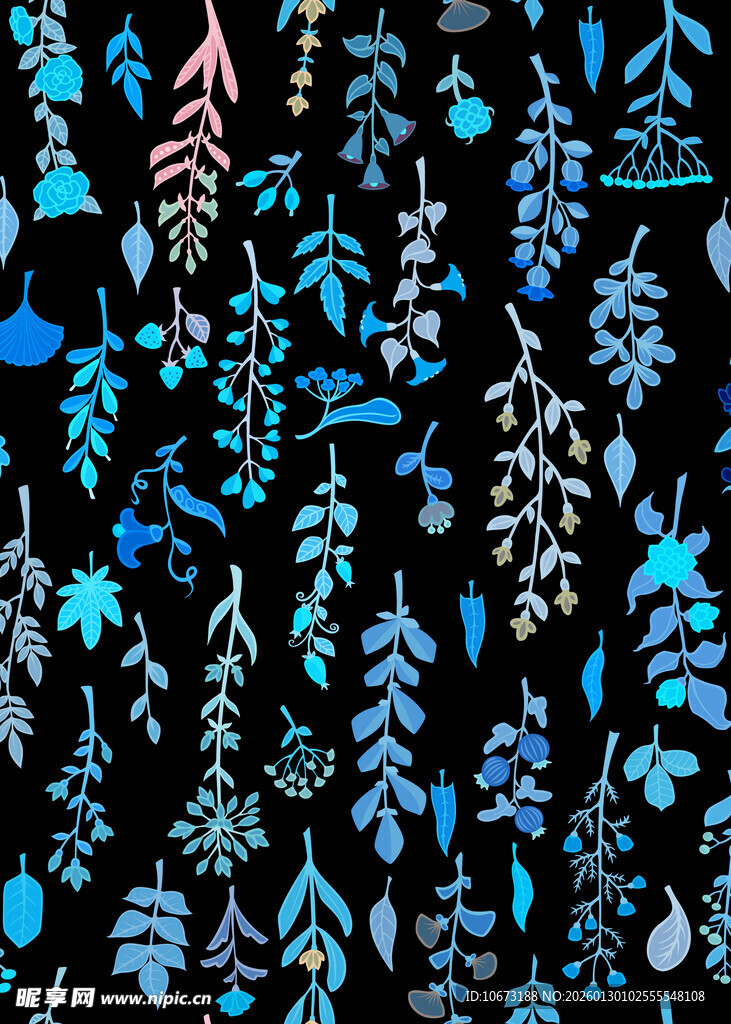 黑色背景的多彩植物图案