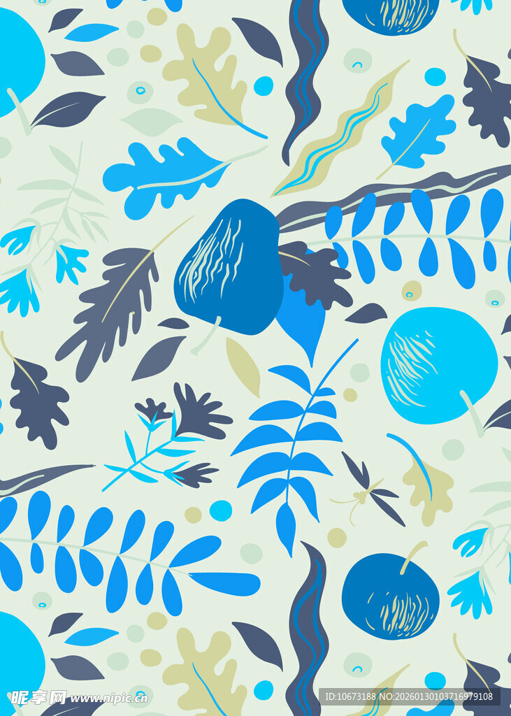 蓝白植物风手绘图案背景