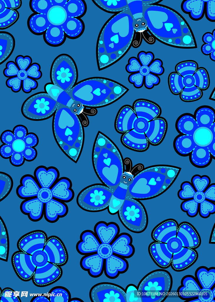 蓝色花卉蝴蝶图案背景