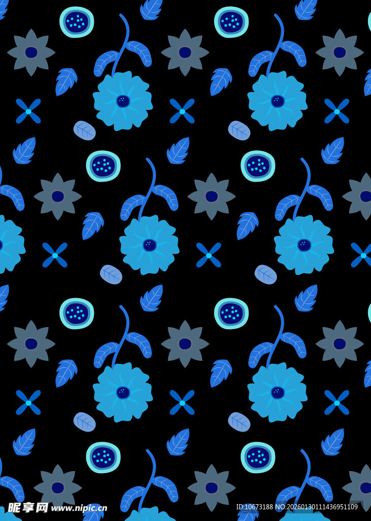 蓝色花卉图案黑色背景纹理