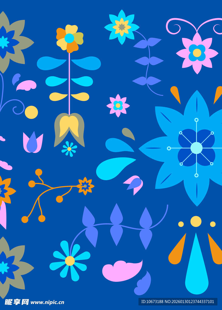 蓝色背景多彩花卉图案