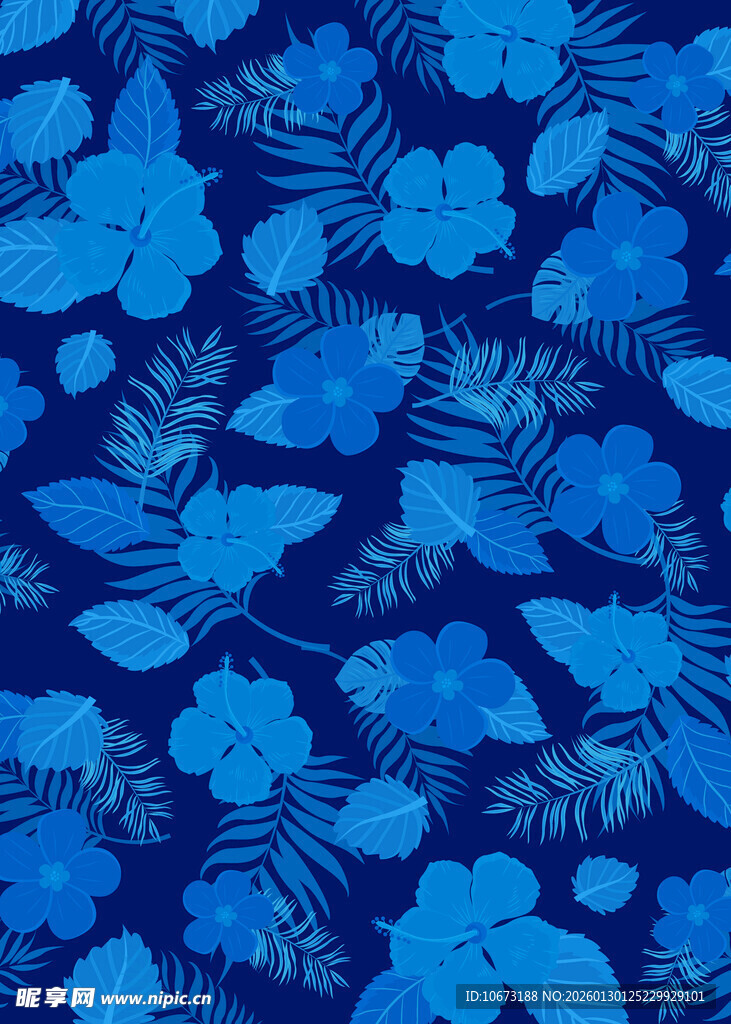 蓝色热带花卉图案背景