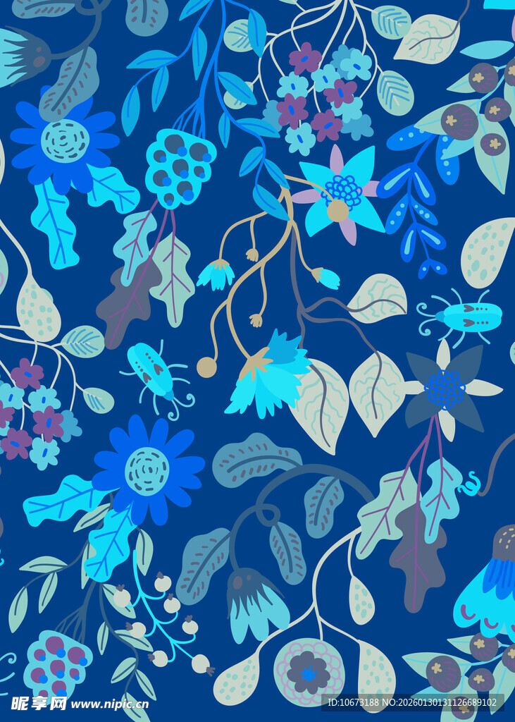 蓝色花卉植物图案背景