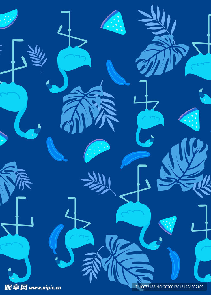 蓝色海洋风动物植物图案