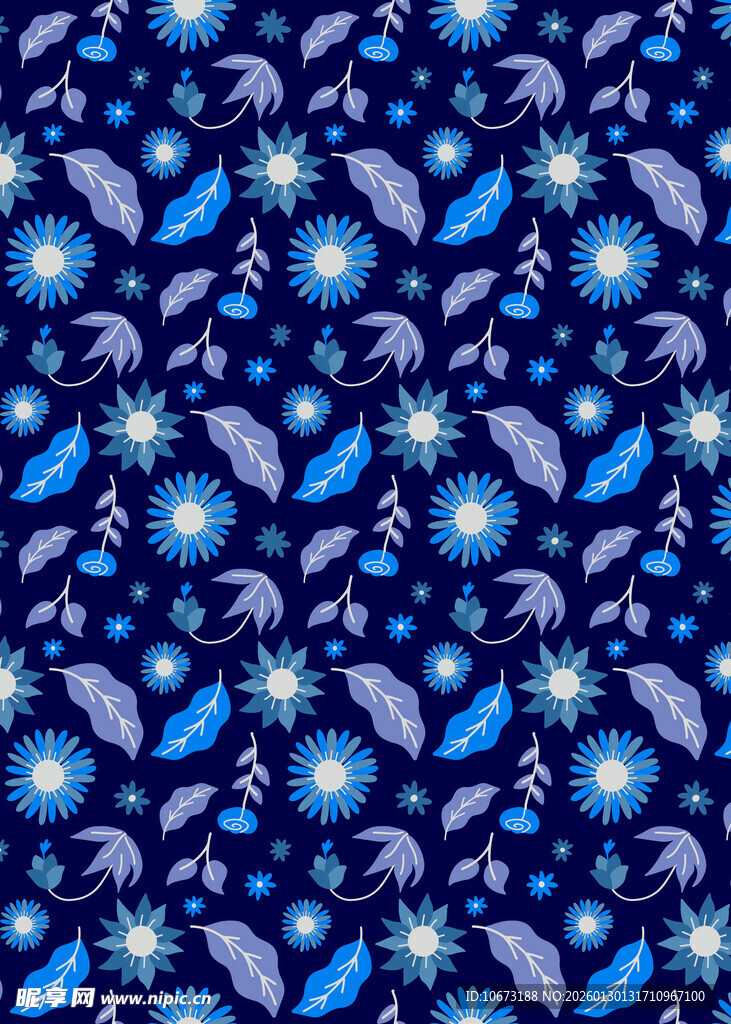 蓝色花卉图案布料纹理