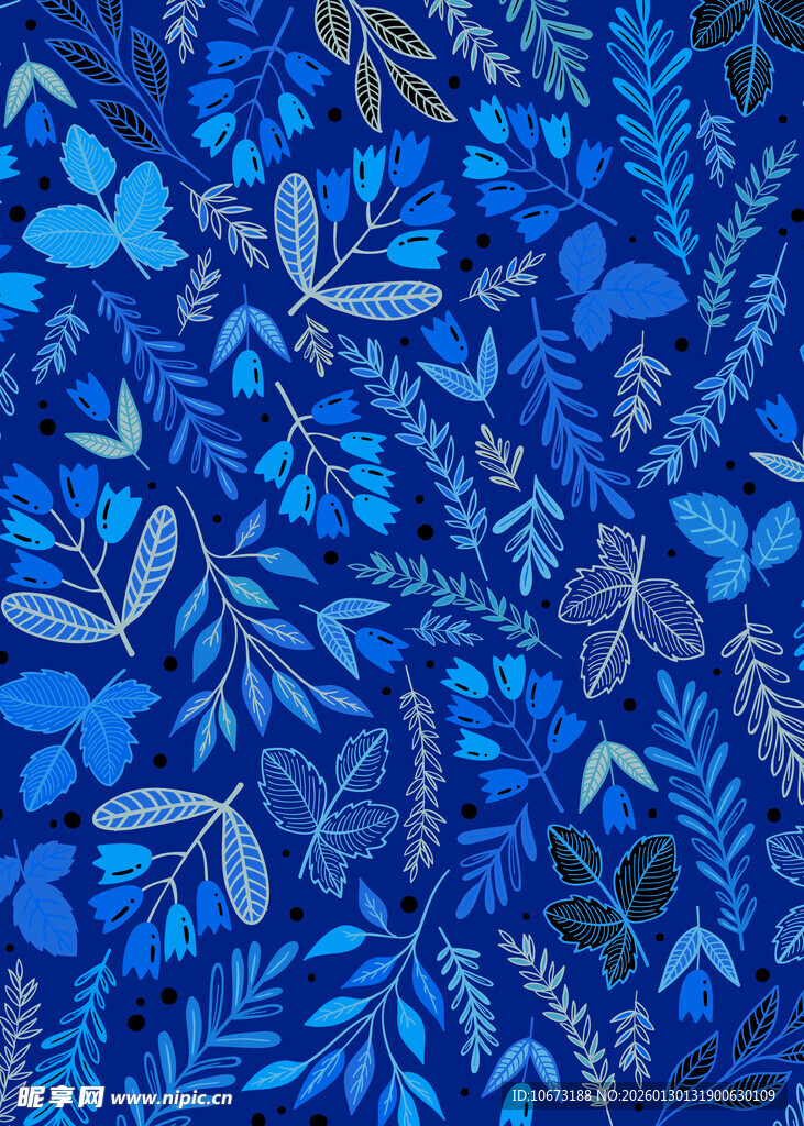 蓝色花卉叶子图案布料