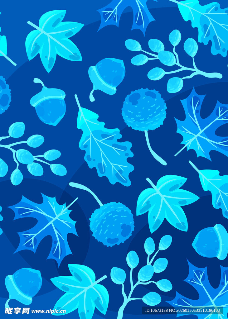蓝色秋叶橡果水彩图案