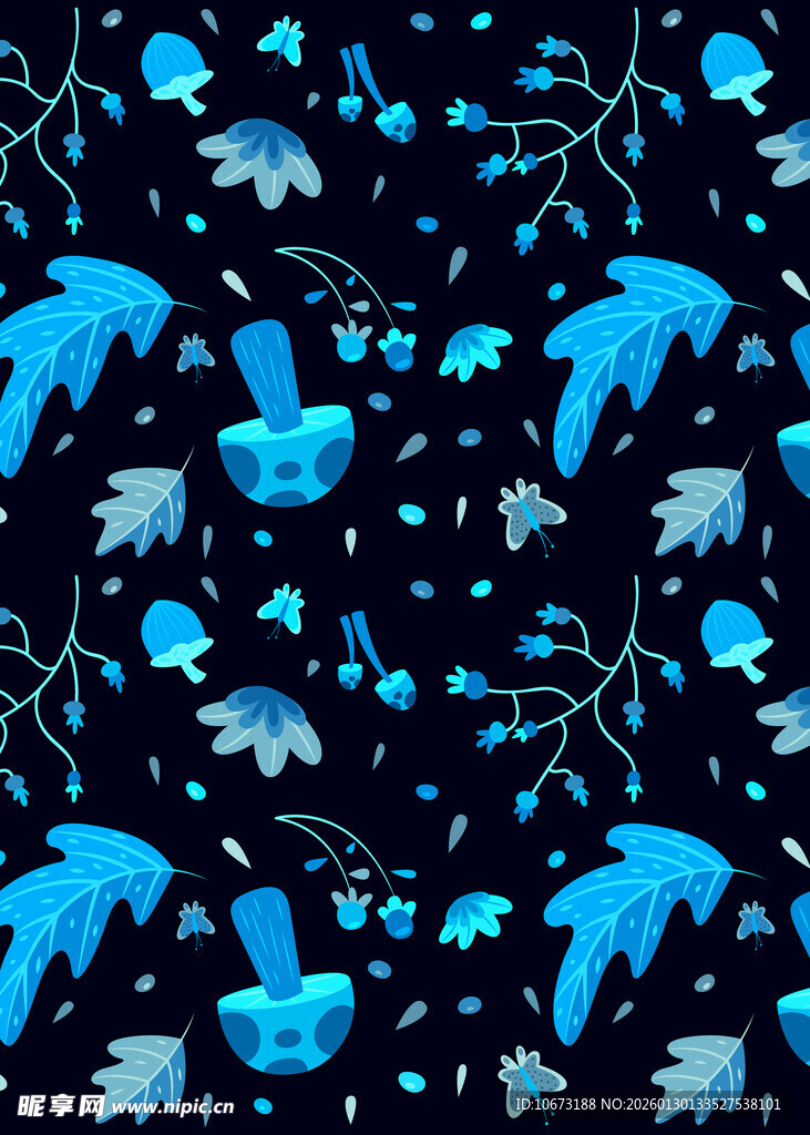 蓝色飞鸟花卉图案背景