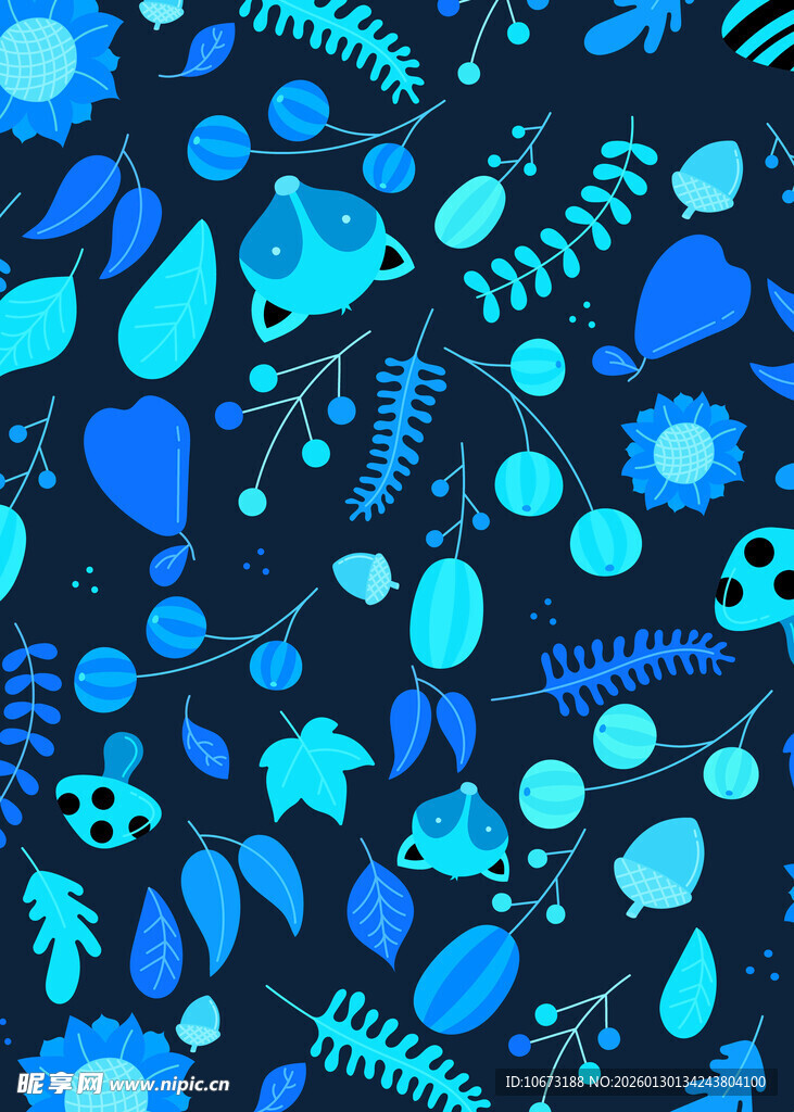 蓝色梦幻花卉骷髅图案