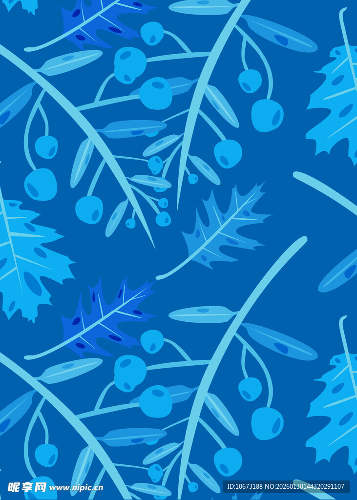 蓝色植物枝叶无缝图案
