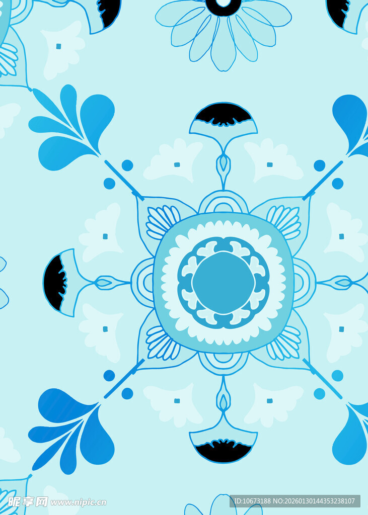 蓝色花卉曼陀罗图案设计
