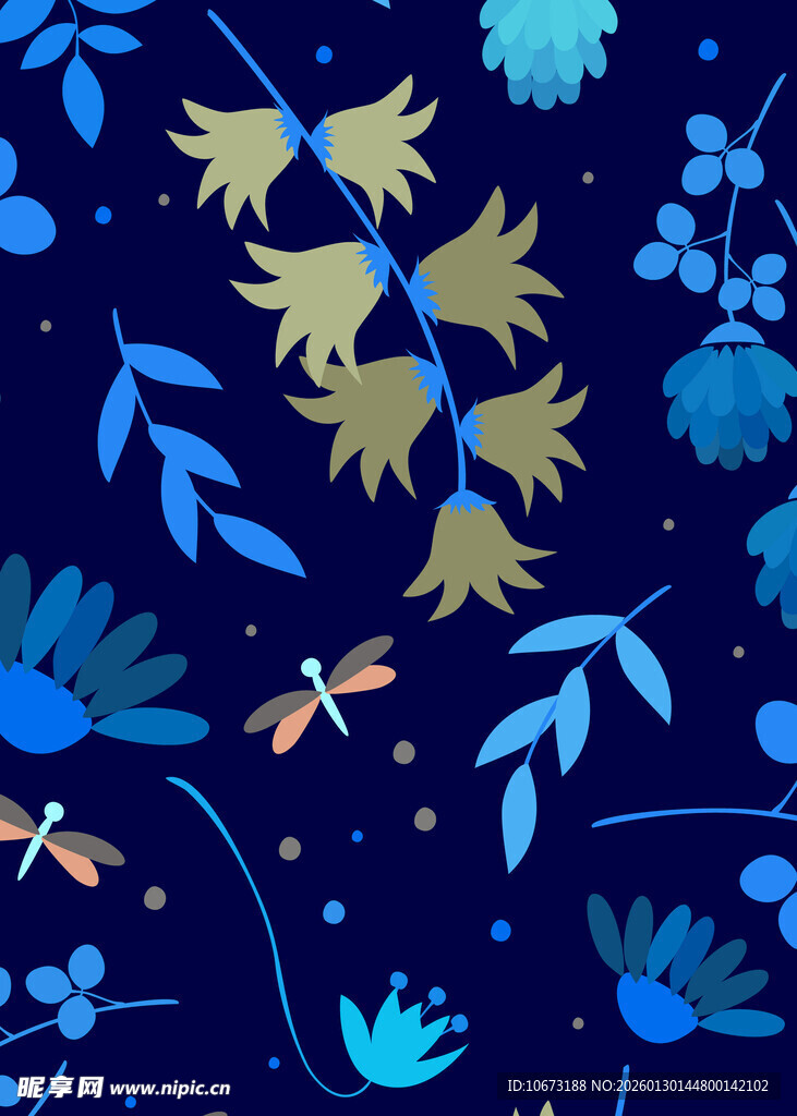 深蓝背景下的花卉昆虫图案